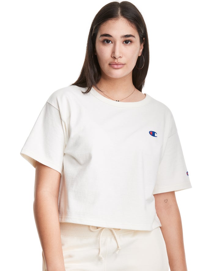 Champion Dame T-Shirts Hvide - Heritage Cropped C Logo - Danmark KAH-521493